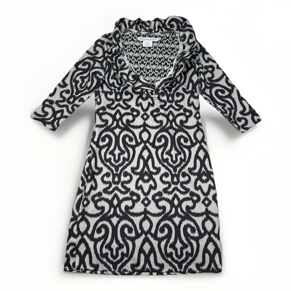 Gretchen Scott Ruffle Neck Dress Black Tan Women's Size Small Preppy